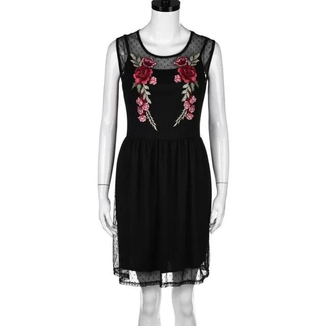 New Appliques Embroidery Floral Dress Women Sexy A-line Lace Splice Sleeveless O Neck Mini Dress vestidos mujer #43 SM6