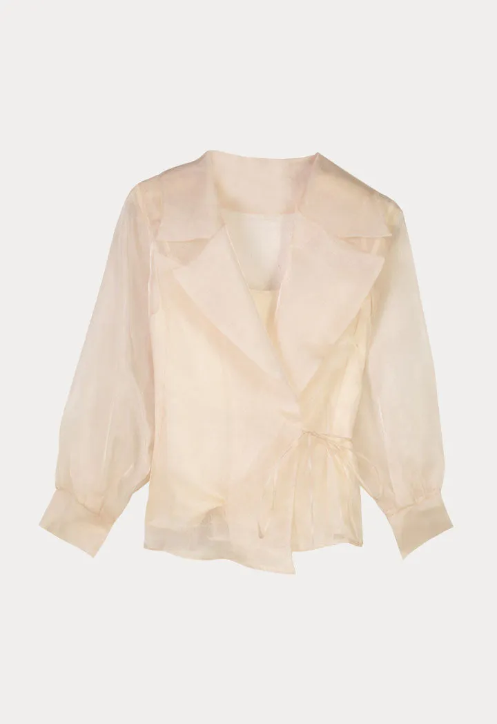 Notched Lapel Organza Sleeve Blouse