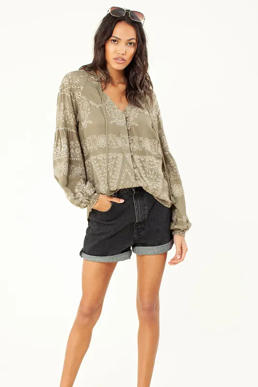 Olive Panthea Embroidered Top