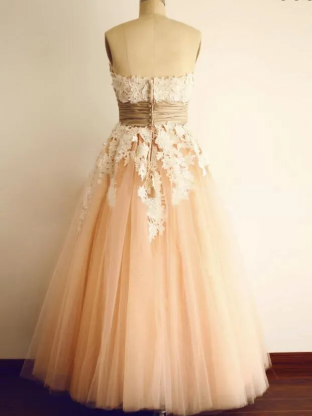 Pearl Pink Tulle Strapless Sleeveless Ankle-Length Tulle Prom Dress with Appliques, Charming Tulle Gowns