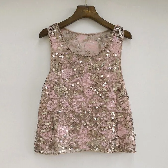 Pink Embellished Sequin Vintage Beaded Mesh Top Summer Casual Sleeveless Paisley Tank Top with Appliques