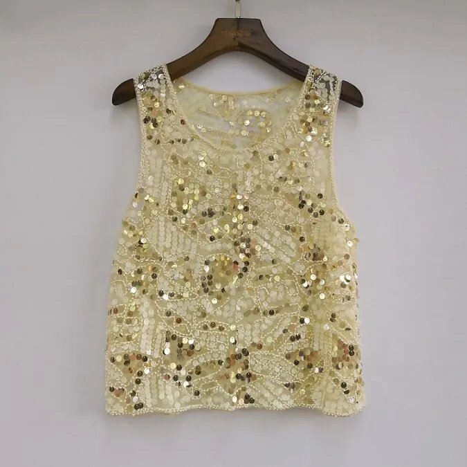 Pink Embellished Sequin Vintage Beaded Mesh Top Summer Casual Sleeveless Paisley Tank Top with Appliques