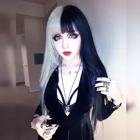 PUNK BLACK WHITE LONG STRAIGHT WIG