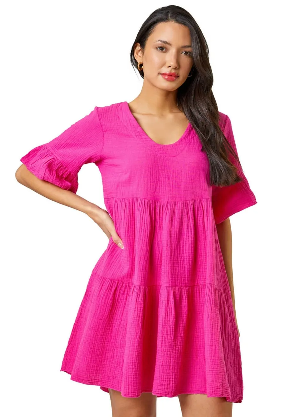 Roman Fuchsia Textured Tiered Smock Dress