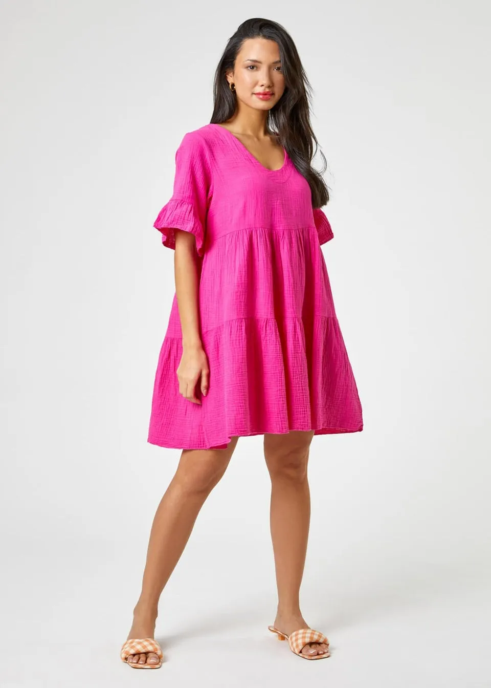 Roman Fuchsia Textured Tiered Smock Dress