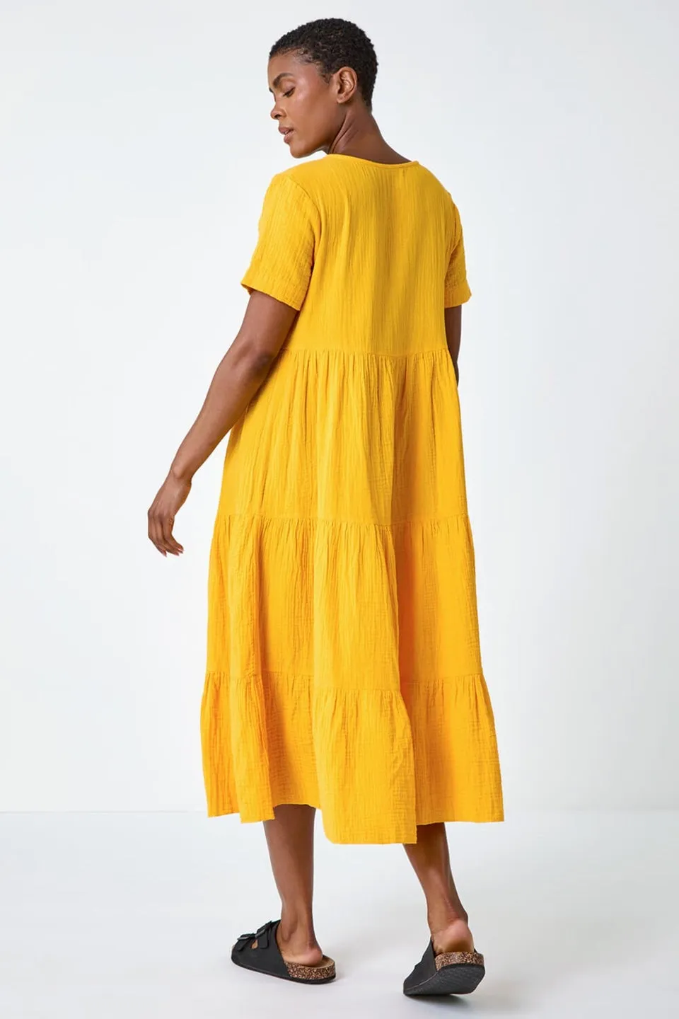 Roman Mango Cotton Textured Tiered Midi Dress