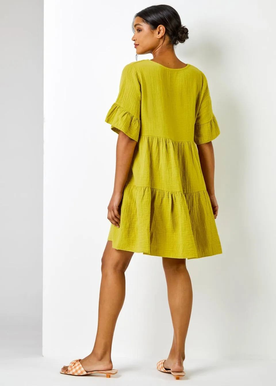 Roman Pea Green Textured Tiered Smock Dress