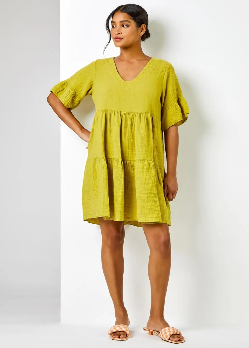 Roman Pea Green Textured Tiered Smock Dress