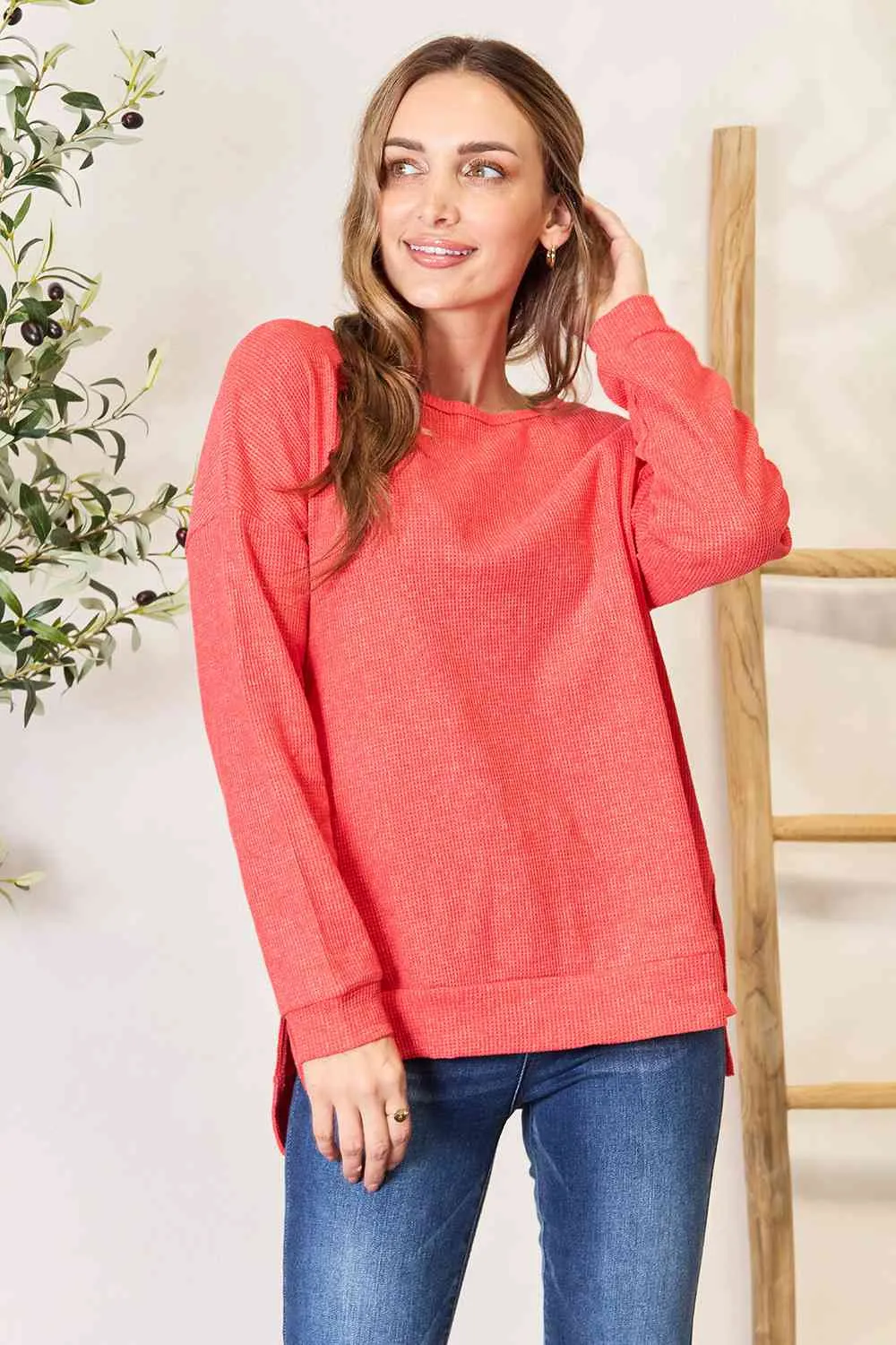 Round Neck Drop Shoulder Slit Sweatshirt**