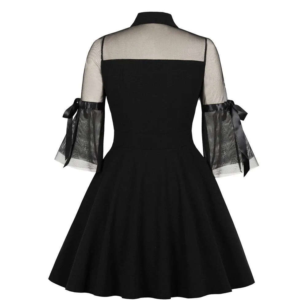 Sexy Little Black Mesh See Through Bowknot Half Sleeve Swing Party Dresses With Pockets