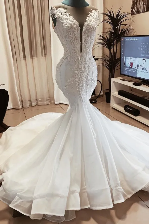 Sleeveless Beads Appliques Mermaid Wedding Dresses Sheer Tulle V neck Tulle Bridal Gowns