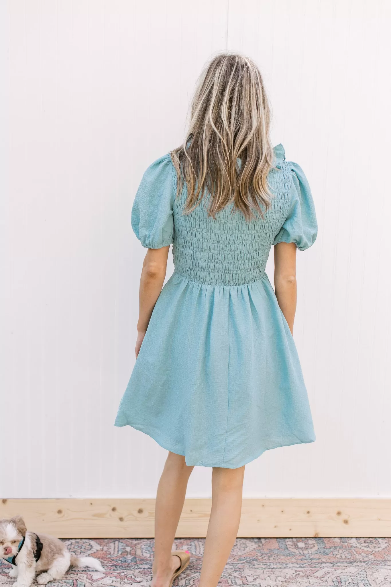 Soft Teal Smocked Ruffle Neck Dress