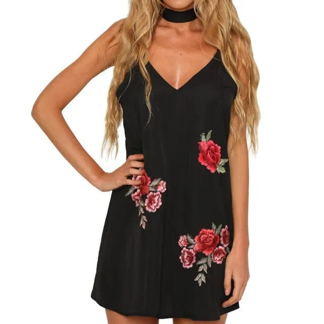 Summmer  New Dress Women Sexy Appliques Rose Print Sleeveless Strap Camisole Swing Mini Dress Women Vestidos #63 SM6