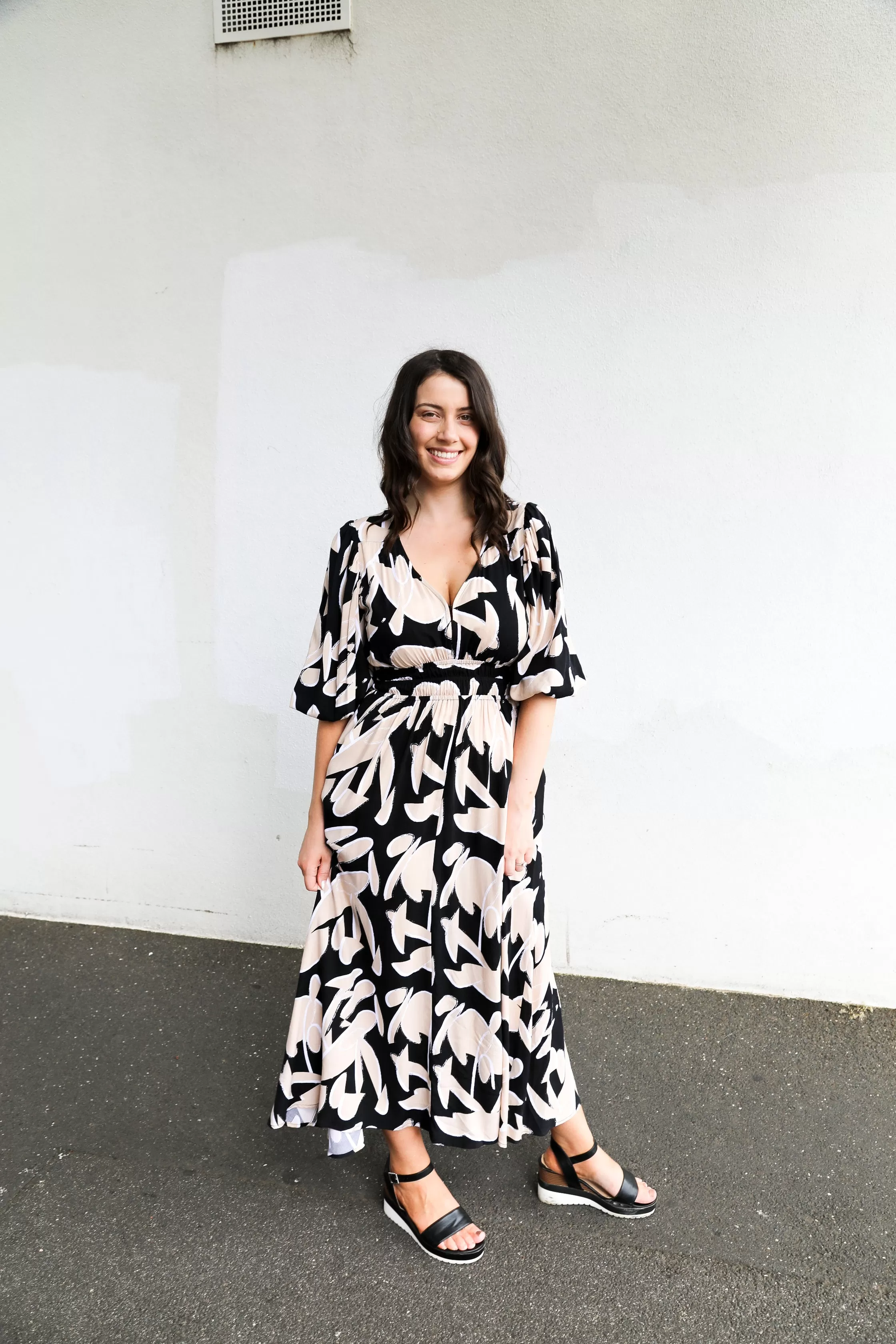 Sutton Dress (Taupe & Black Abstract Print)