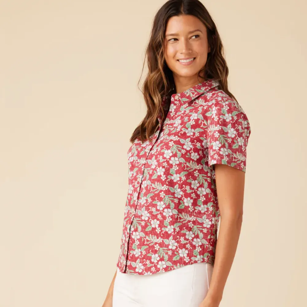 Sweet Plumerias Camp Shirt - Deep Red