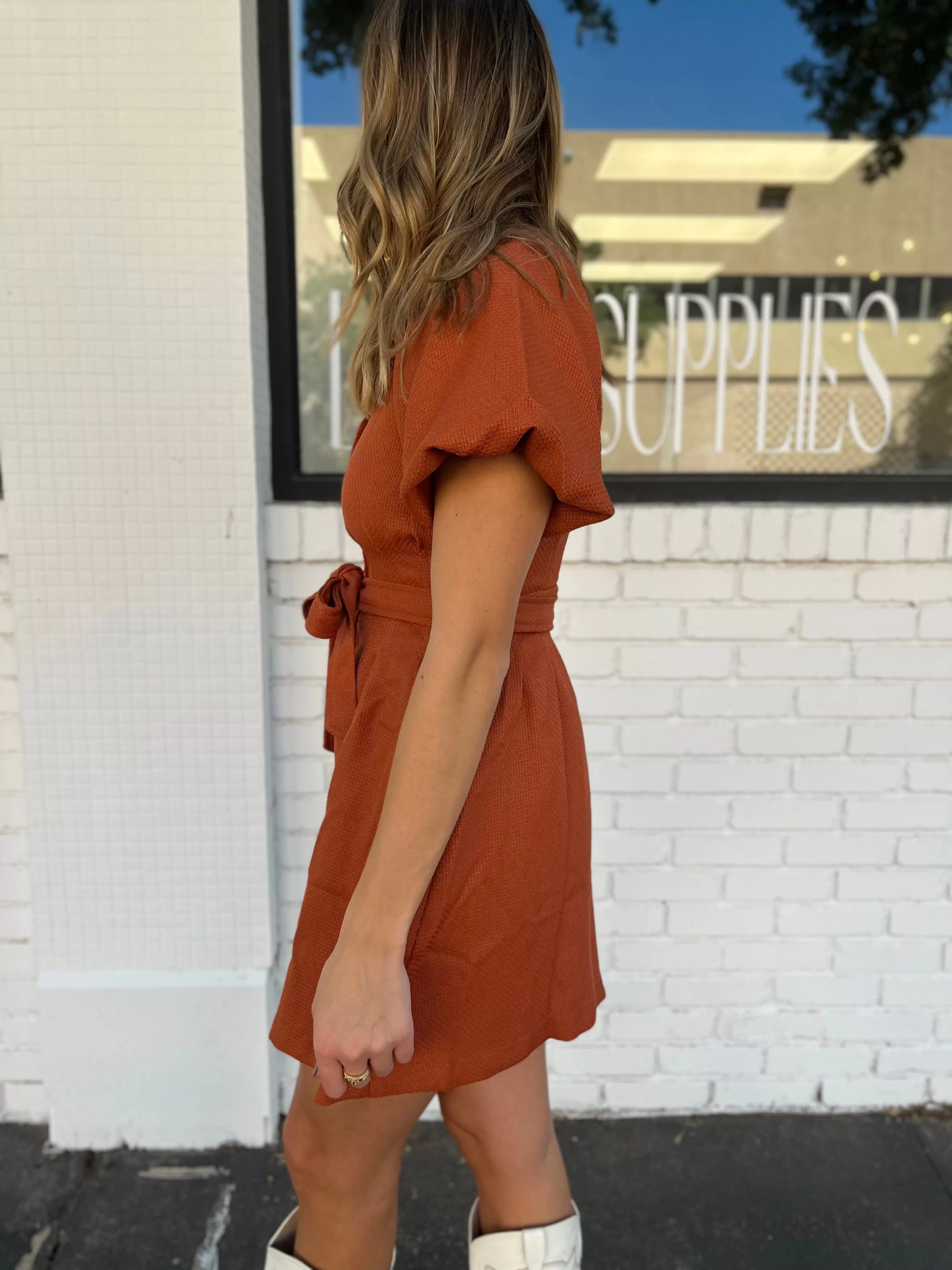 Textured Bubble Sleeve Mini Dress- Bronze