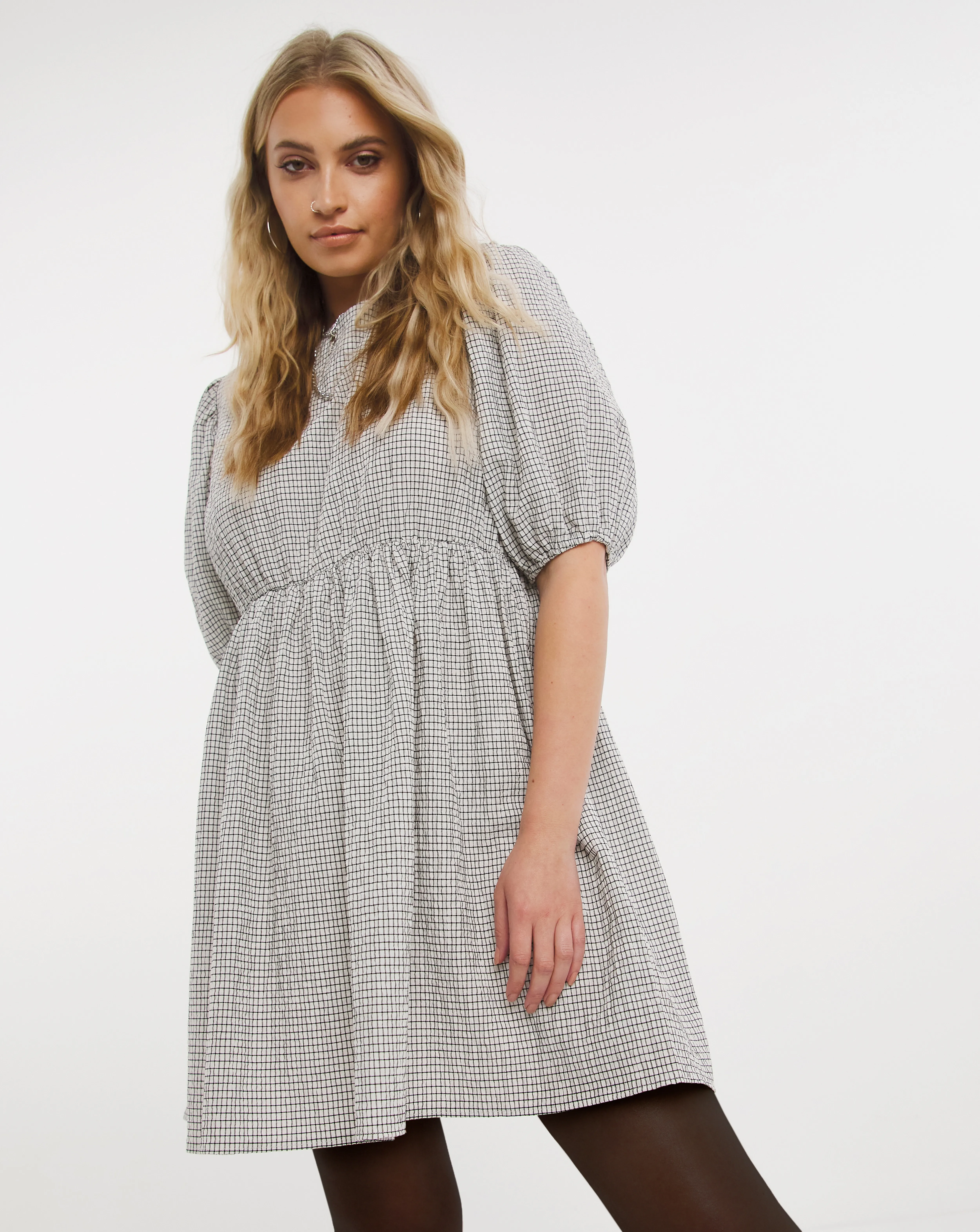 Textured Check Puff Sleeve Smock Dress with Bow Back Detail | Simply Be