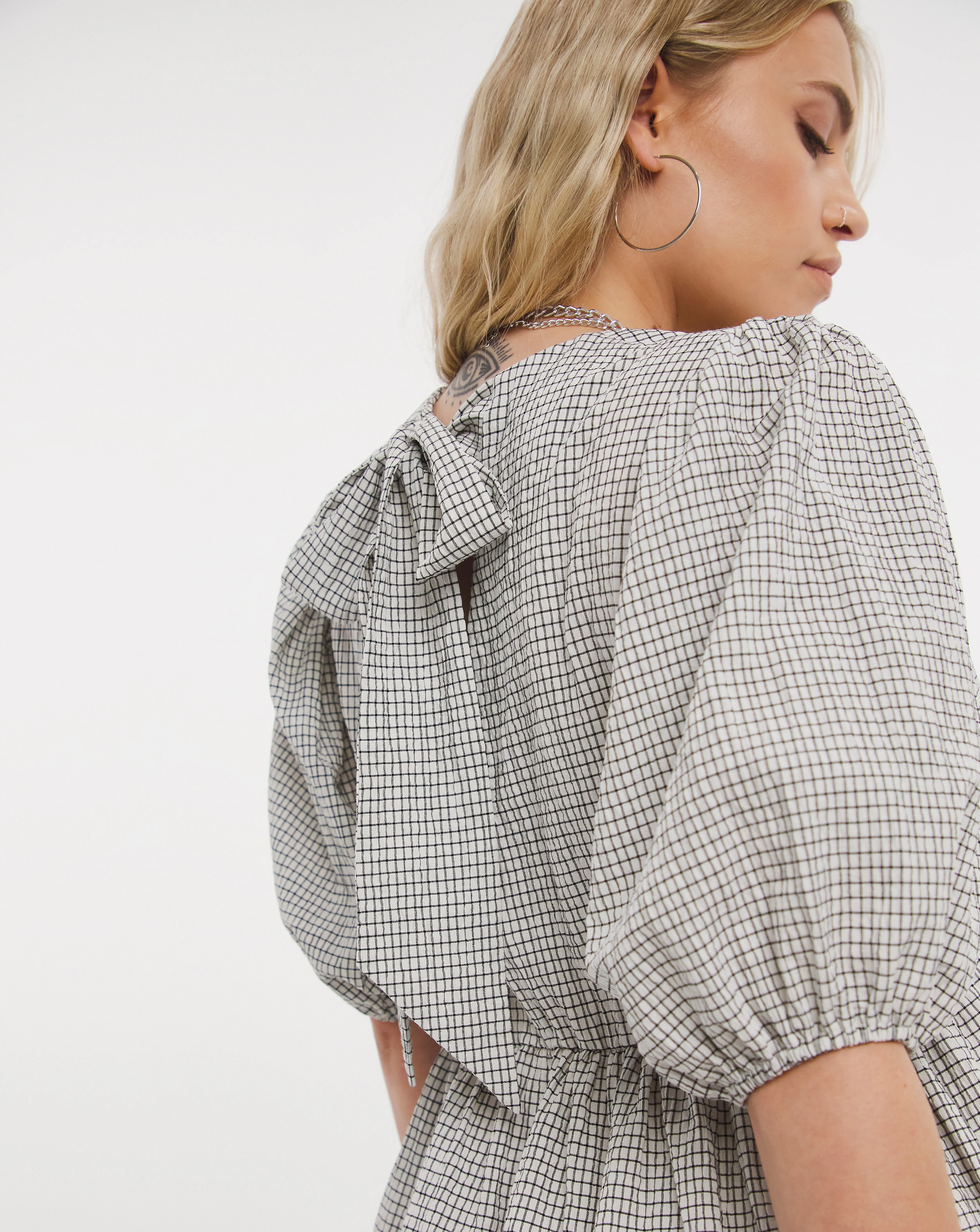 Textured Check Puff Sleeve Smock Dress with Bow Back Detail | Simply Be