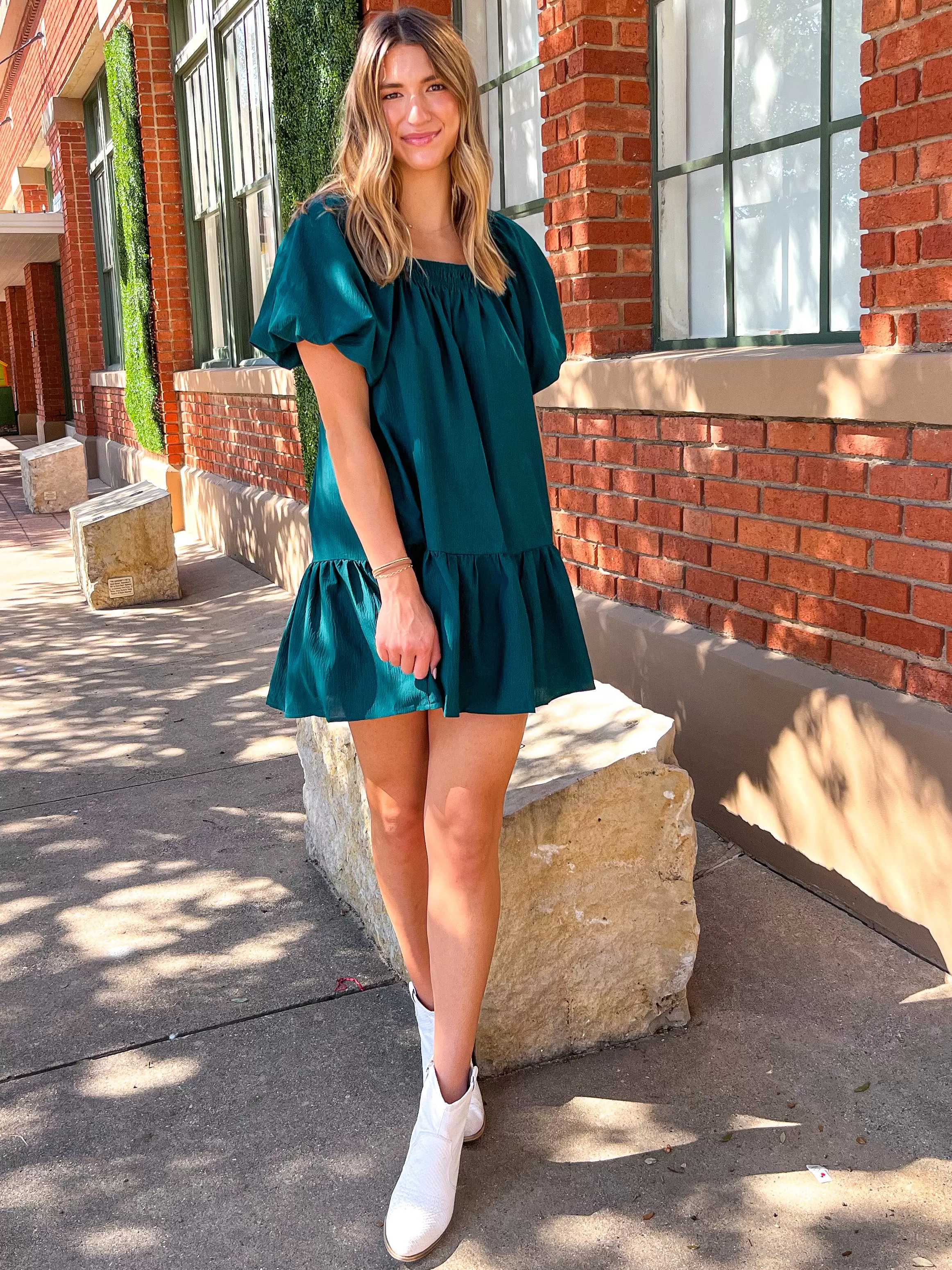 Textured Square Neck Mini Dress- Hunter Green