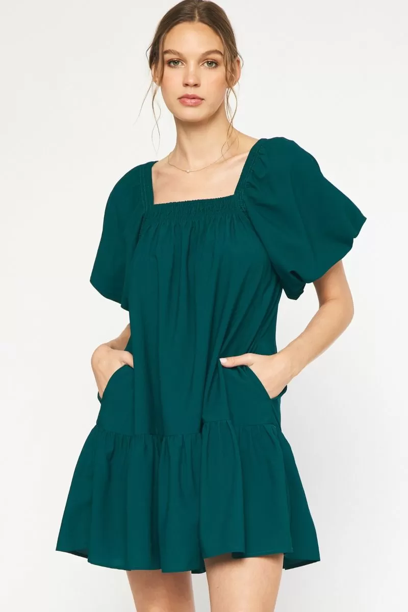 Textured Square Neck Mini Dress- Hunter Green