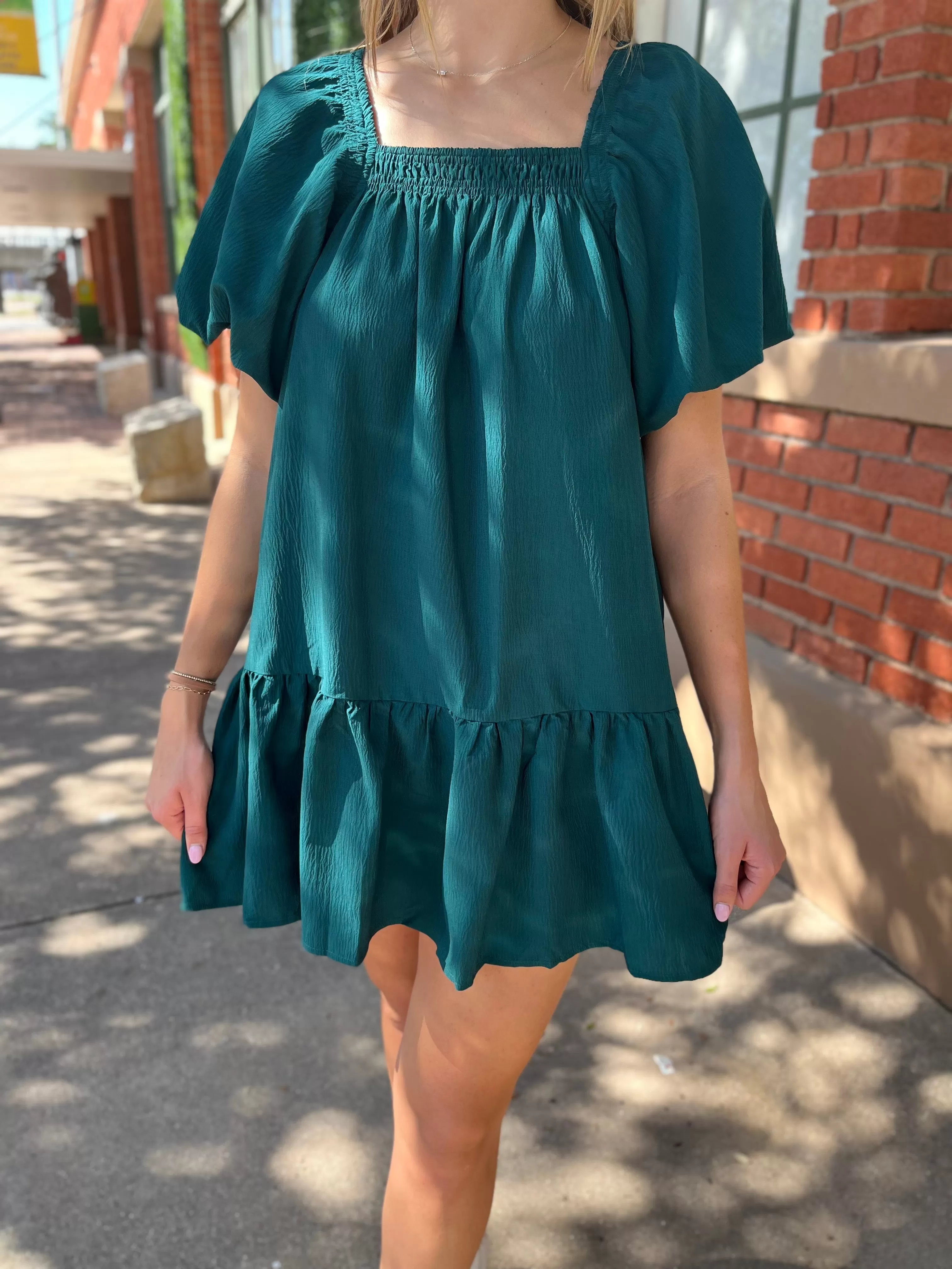 Textured Square Neck Mini Dress- Hunter Green