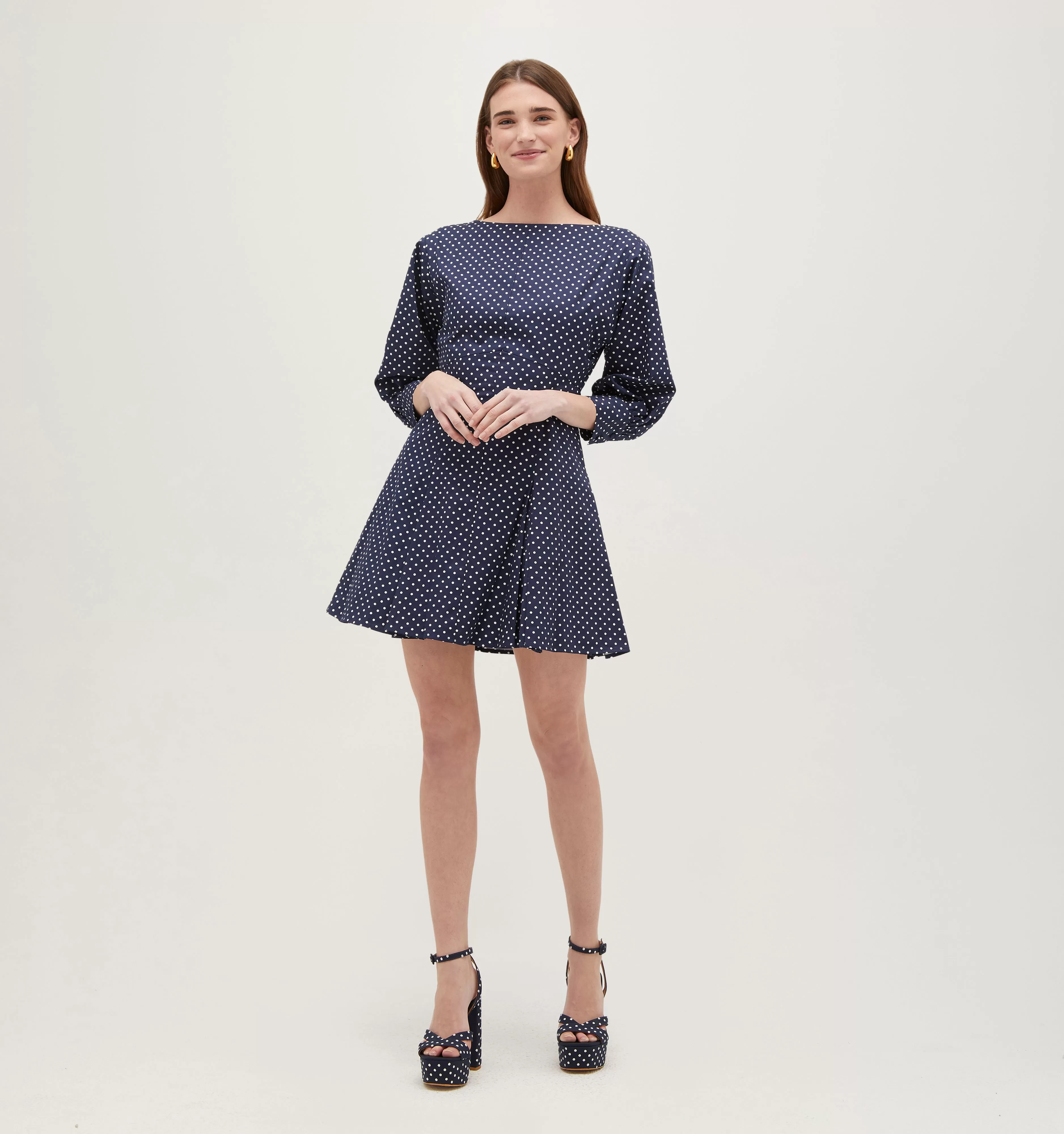 The Aveline Dress -  Navy Polka Dot Cotton Sateen