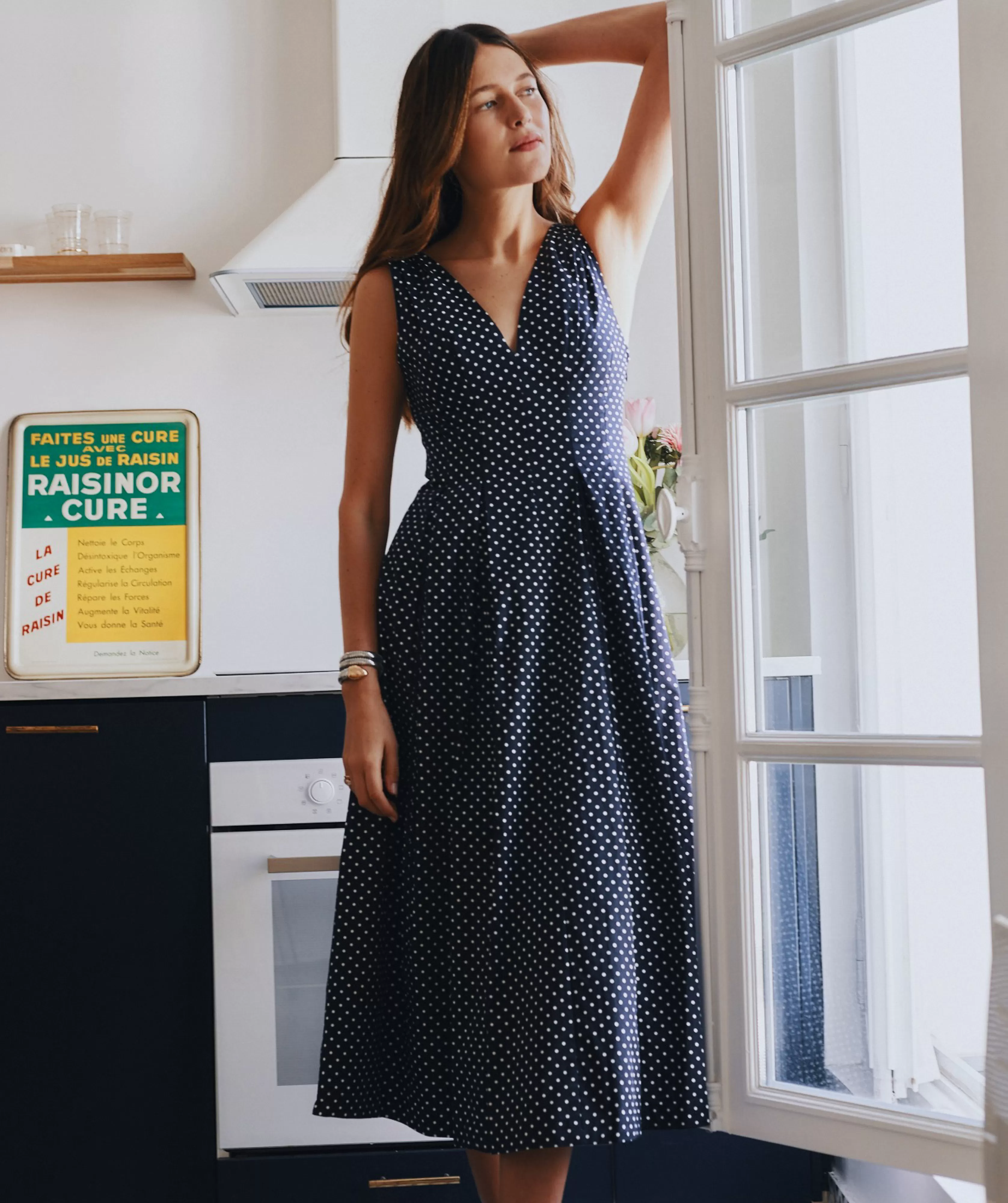 The Jacqueline Dress - Navy Polka Dot Cotton Sateen