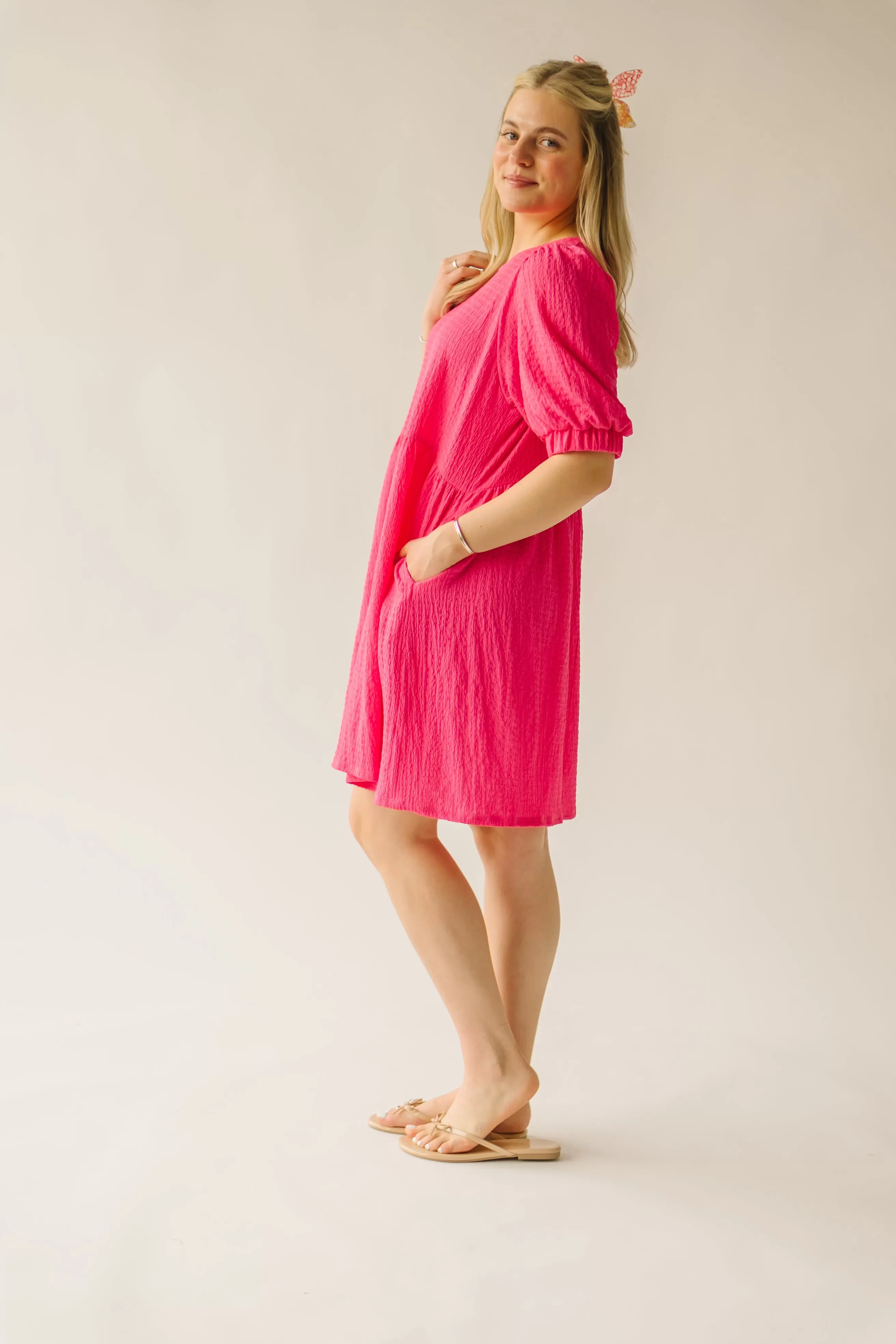 The Moralez Textured Puff Sleeve Dress in Fuchsia