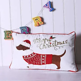 The Seasonal Gift Co. Embroidered Christmas Dachshund 60x36cm Cotton Cushion | Kaleidoscope