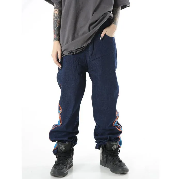 Tide Baggy Hip Hop Flame Embroidered Men Jean High Street Popular Straight Denim Trousers Streetwear