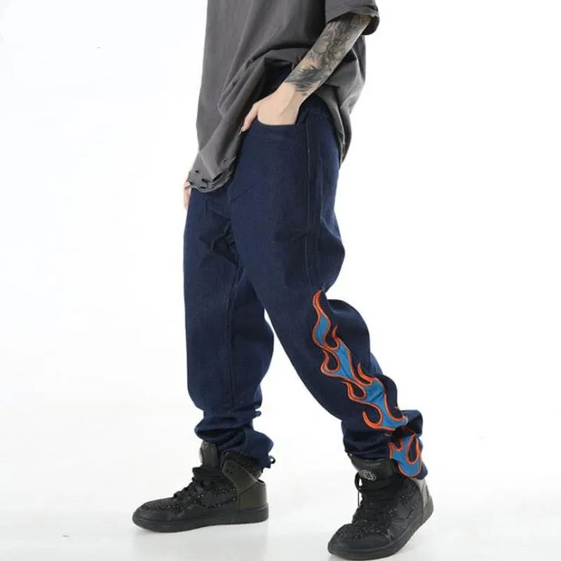 Tide Baggy Hip Hop Flame Embroidered Men Jean High Street Popular Straight Denim Trousers Streetwear