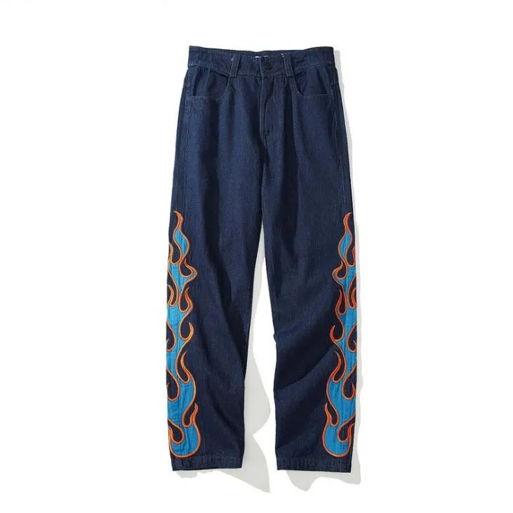 Tide Baggy Hip Hop Flame Embroidered Men Jean High Street Popular Straight Denim Trousers Streetwear