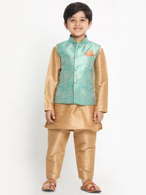 VASTRAMAY Boys Green Silk Blend Kurta, Ethnic Jacket and Pyjama Set