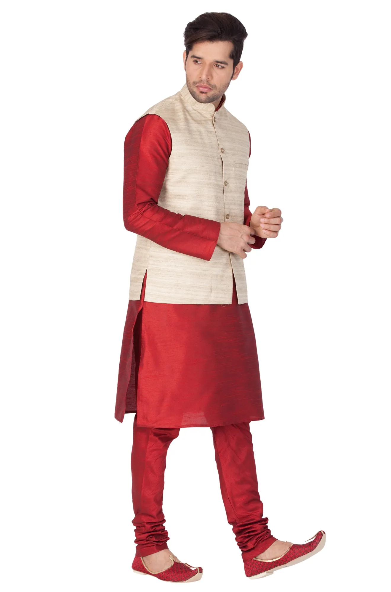 VASTRAMAY Men's Maroon Cotton Silk Blend Kurta, Ethnic Jacket and Pyjama Set