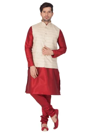 VASTRAMAY Men's Maroon Cotton Silk Blend Kurta, Ethnic Jacket and Pyjama Set