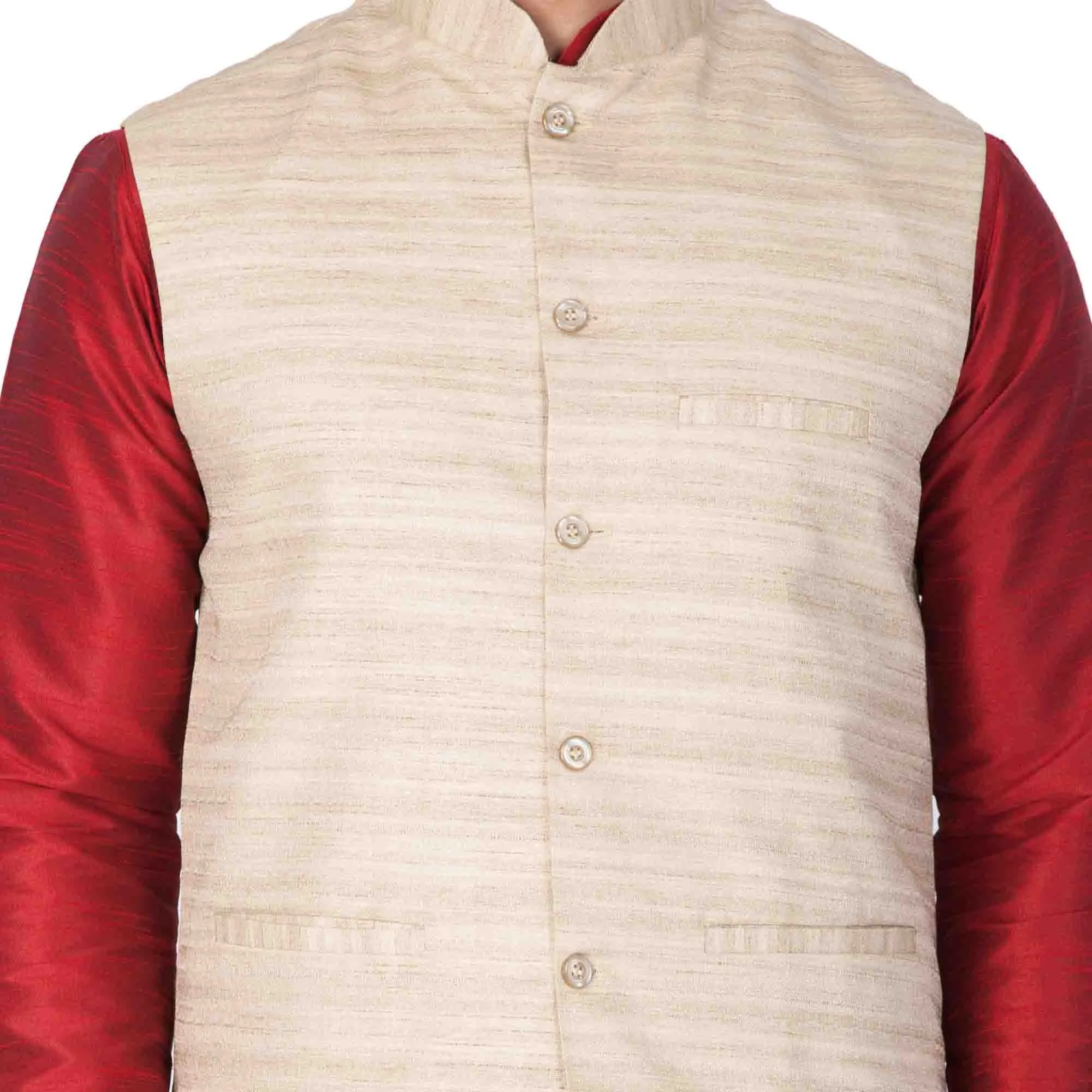 VASTRAMAY Men's Maroon Cotton Silk Blend Kurta, Ethnic Jacket and Pyjama Set