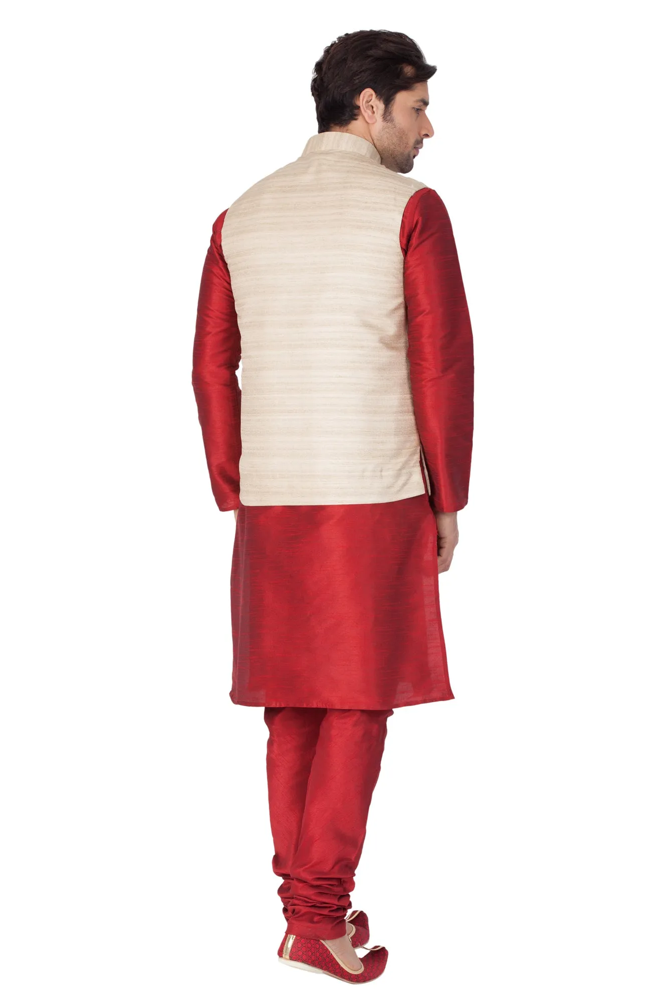 VASTRAMAY Men's Maroon Cotton Silk Blend Kurta, Ethnic Jacket and Pyjama Set