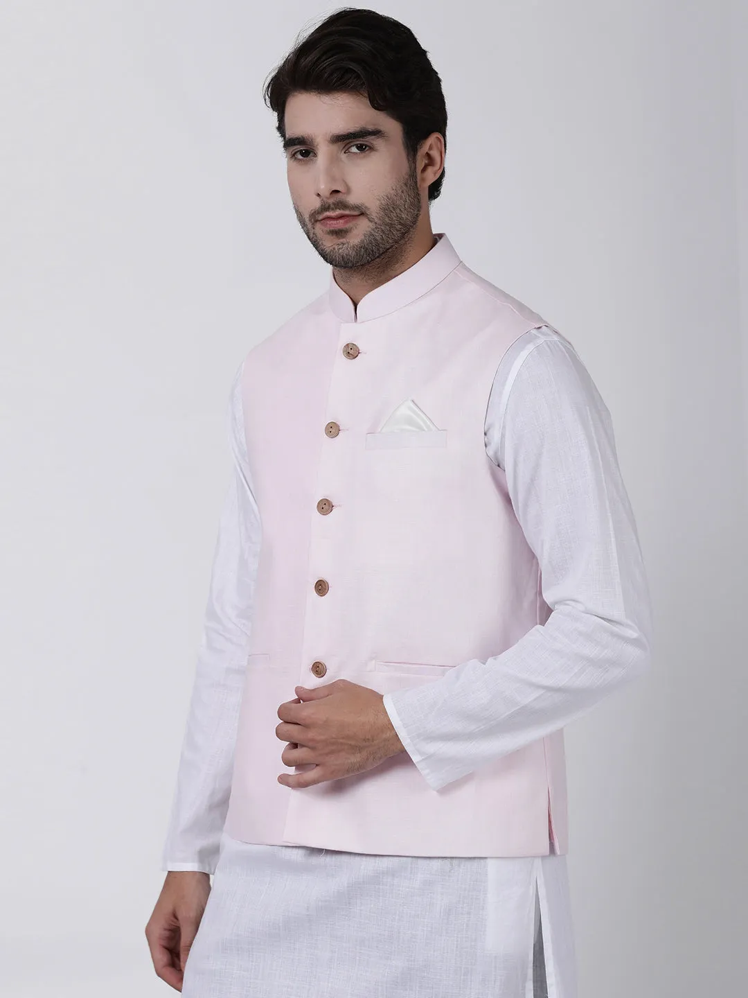 VASTRAMAY Men's Pink Cotton Ethnic Jacket