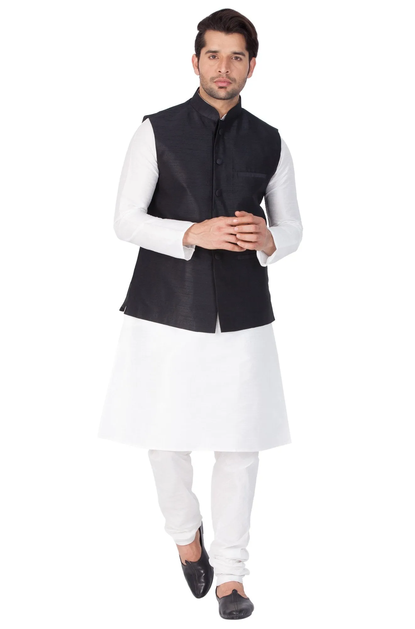 VASTRAMAY Men's White Cotton Silk Blend Kurta, Ethnic Jacket and Pyjama Set