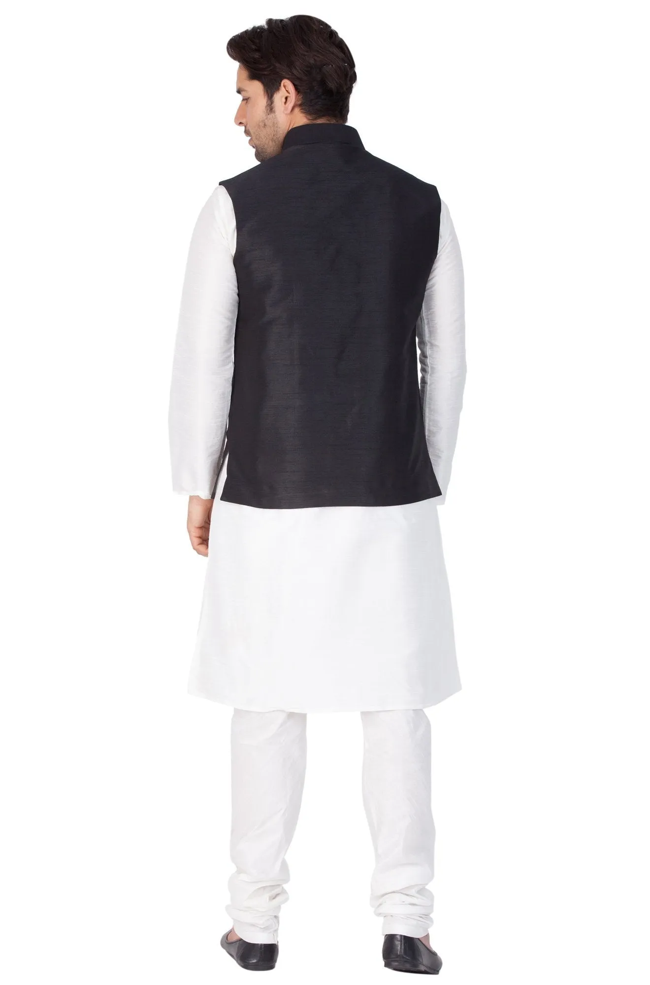 VASTRAMAY Men's White Cotton Silk Blend Kurta, Ethnic Jacket and Pyjama Set