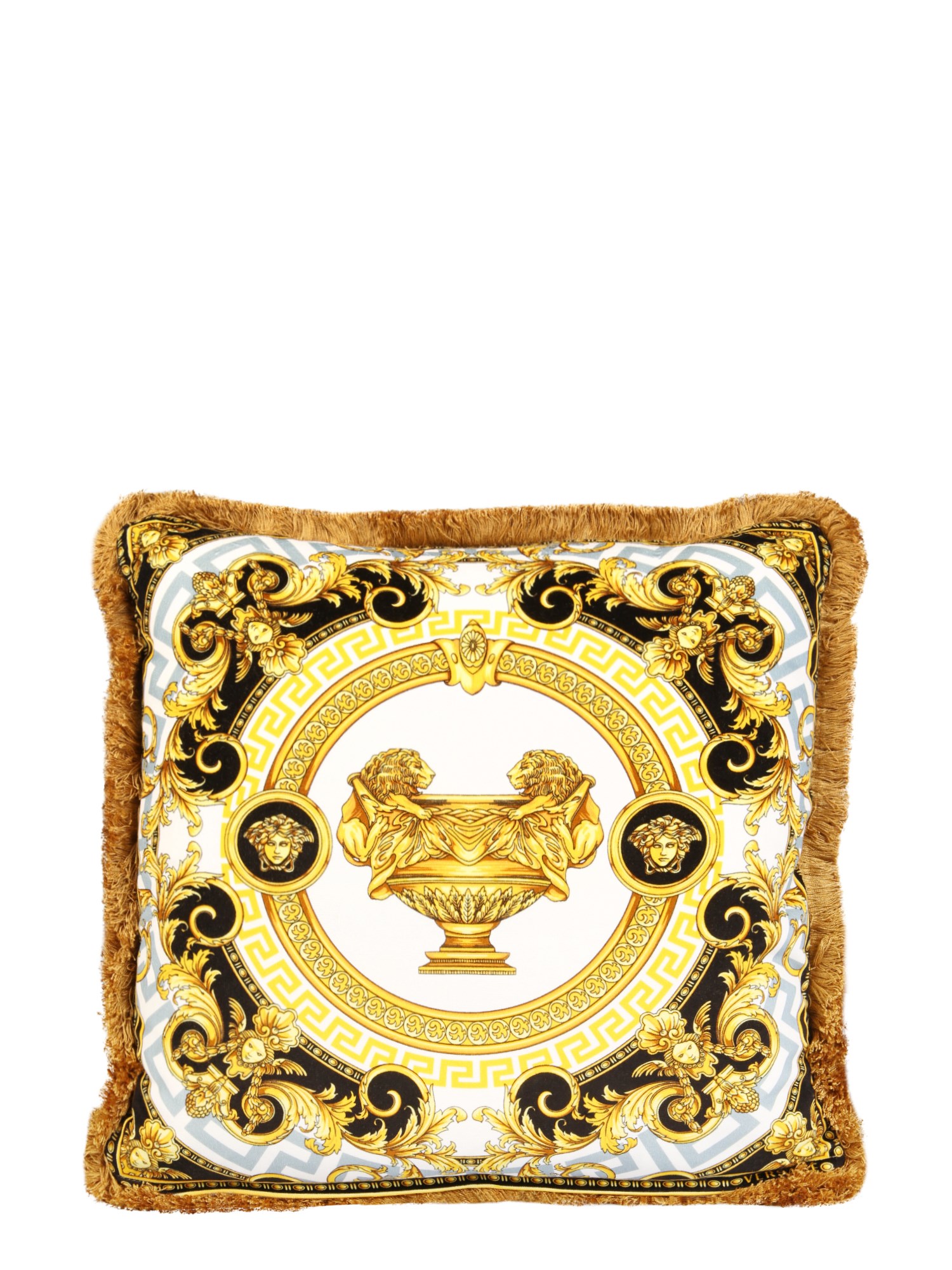 VERSACE    COTTON CUSHION WITH THE CUP OF THE GODSPRINT AND FRINGES