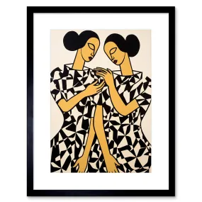 Wall Art & Pictures | Wall Art Print Women in Geometric Pattern Dresses Matisse Style Black Beige Sisters Geometric Artwork 