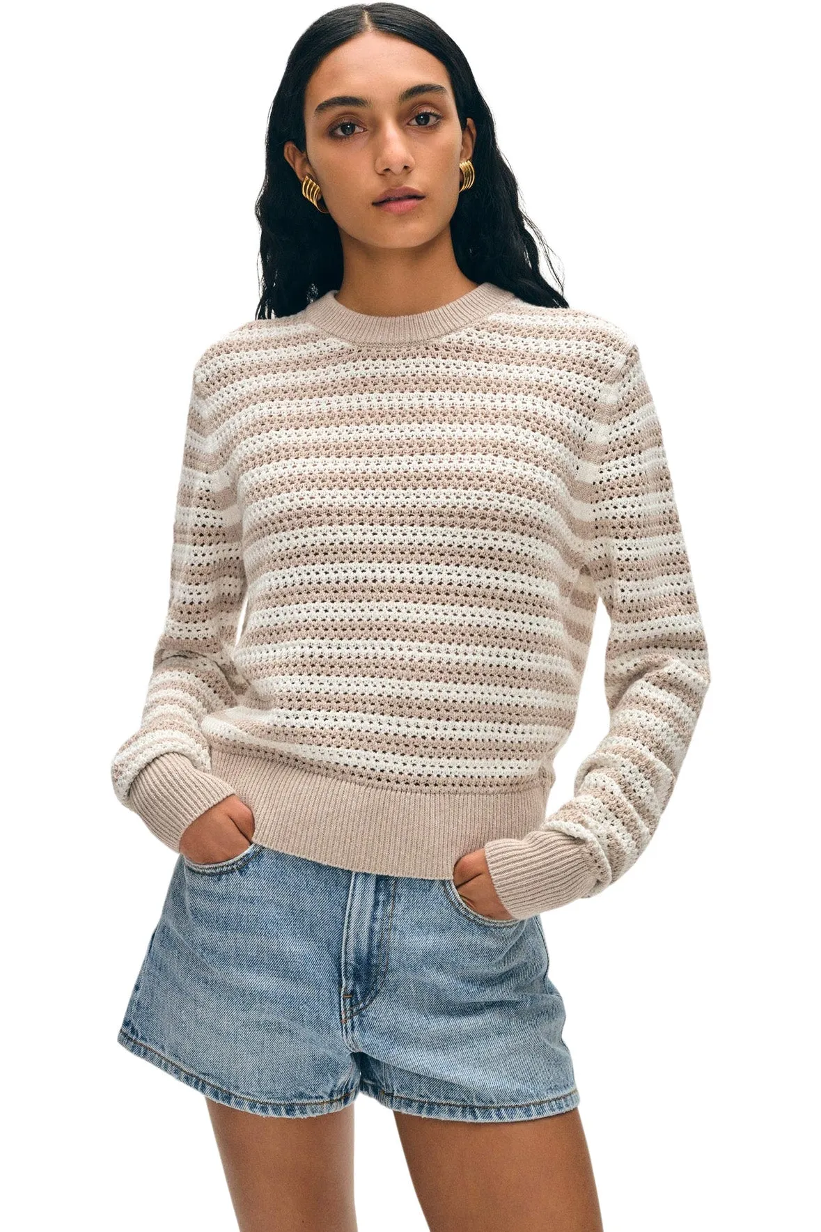 White & Warren Cotton Blend Mesh Crewneck
 in White-Flax