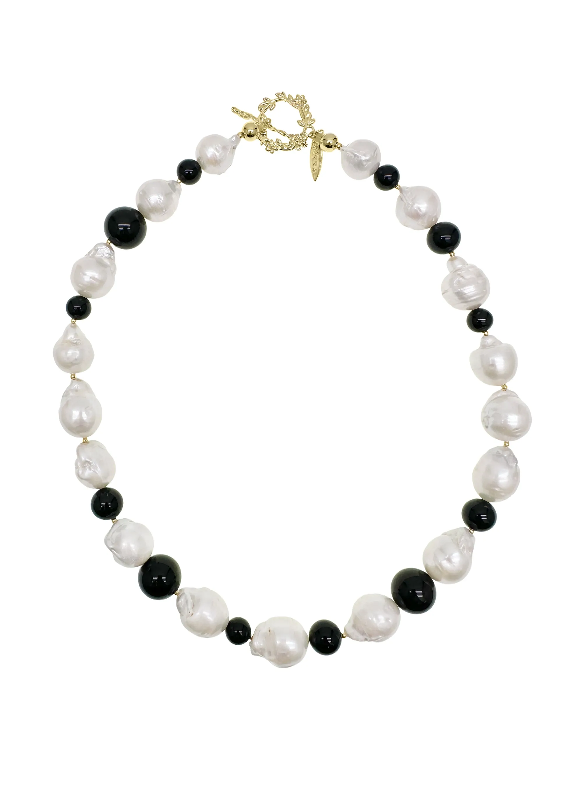 White Baroque Pearls with Black Obsidian Chunky Necklace LN072