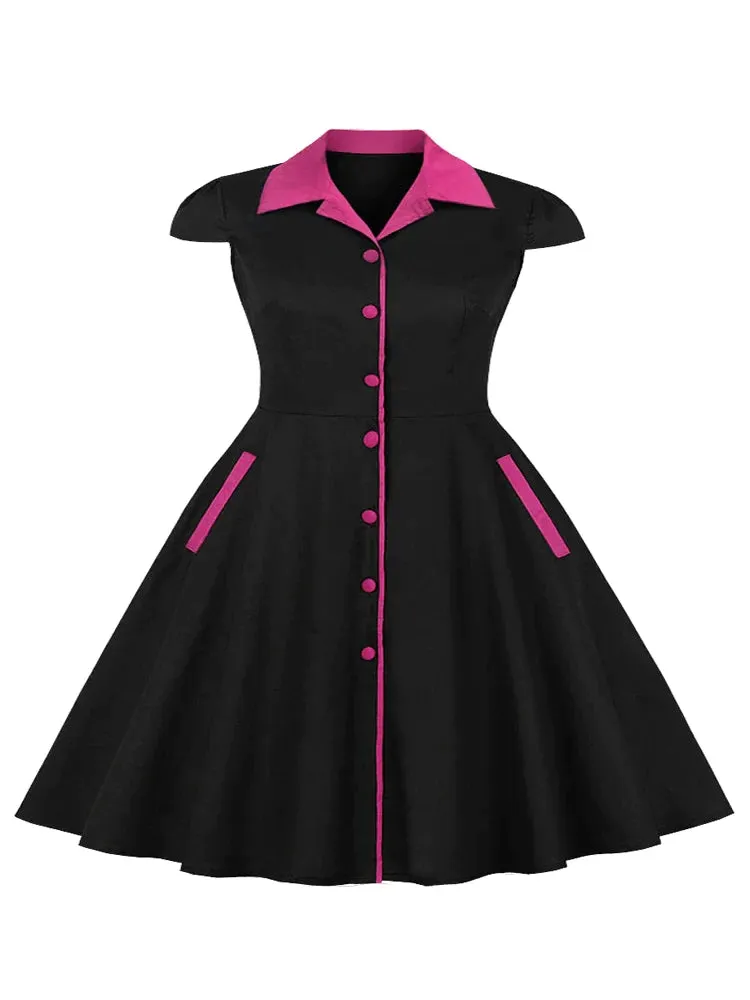 Women Oversized 4XL 5XL Vintage Dresses Notched Collar Cap Sleeve Single Breasted A-Line Female Pinup Retro Black Dress