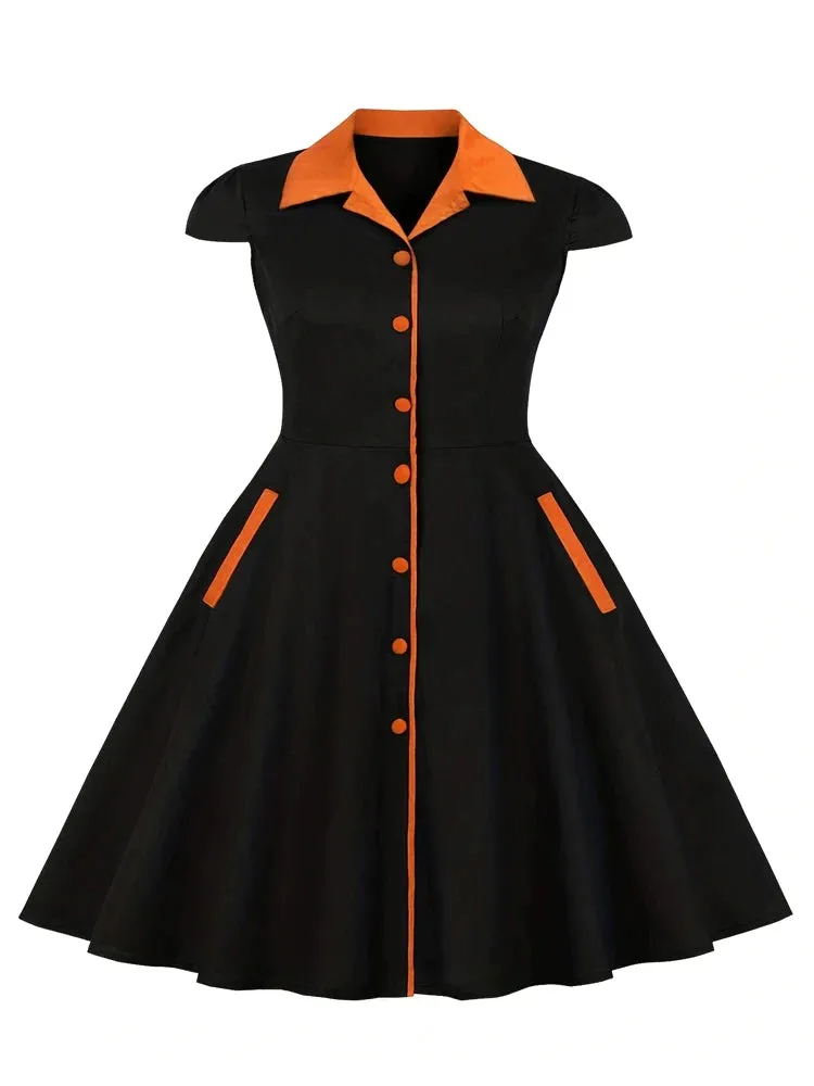 Women Oversized 4XL 5XL Vintage Dresses Notched Collar Cap Sleeve Single Breasted A-Line Female Pinup Retro Black Dress