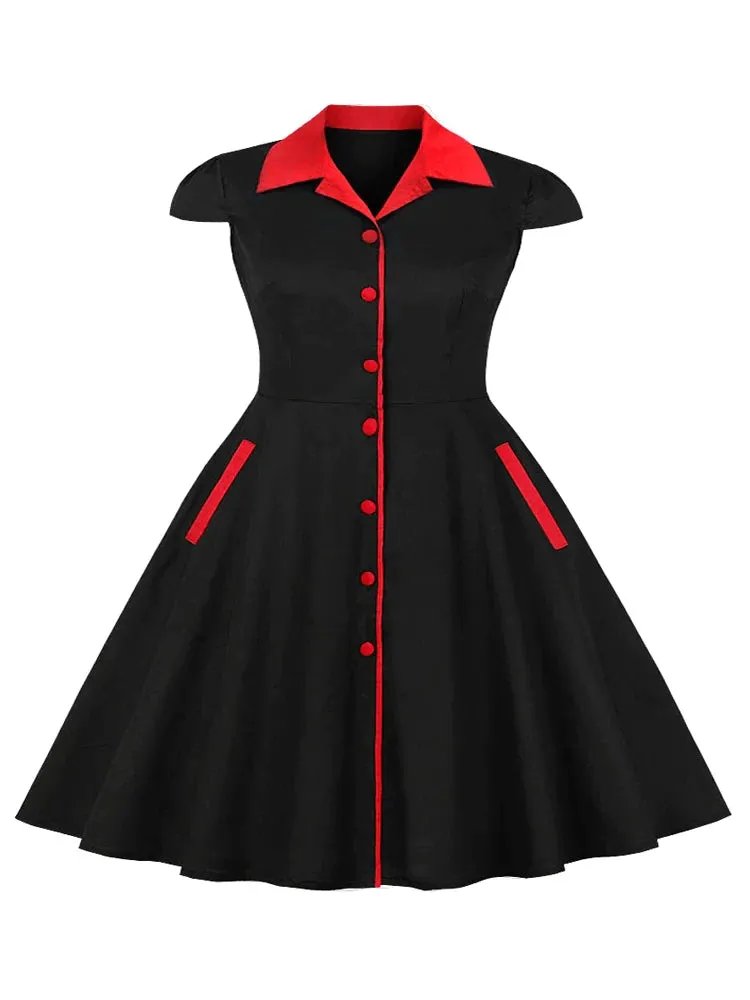 Women Oversized 4XL 5XL Vintage Dresses Notched Collar Cap Sleeve Single Breasted A-Line Female Pinup Retro Black Dress