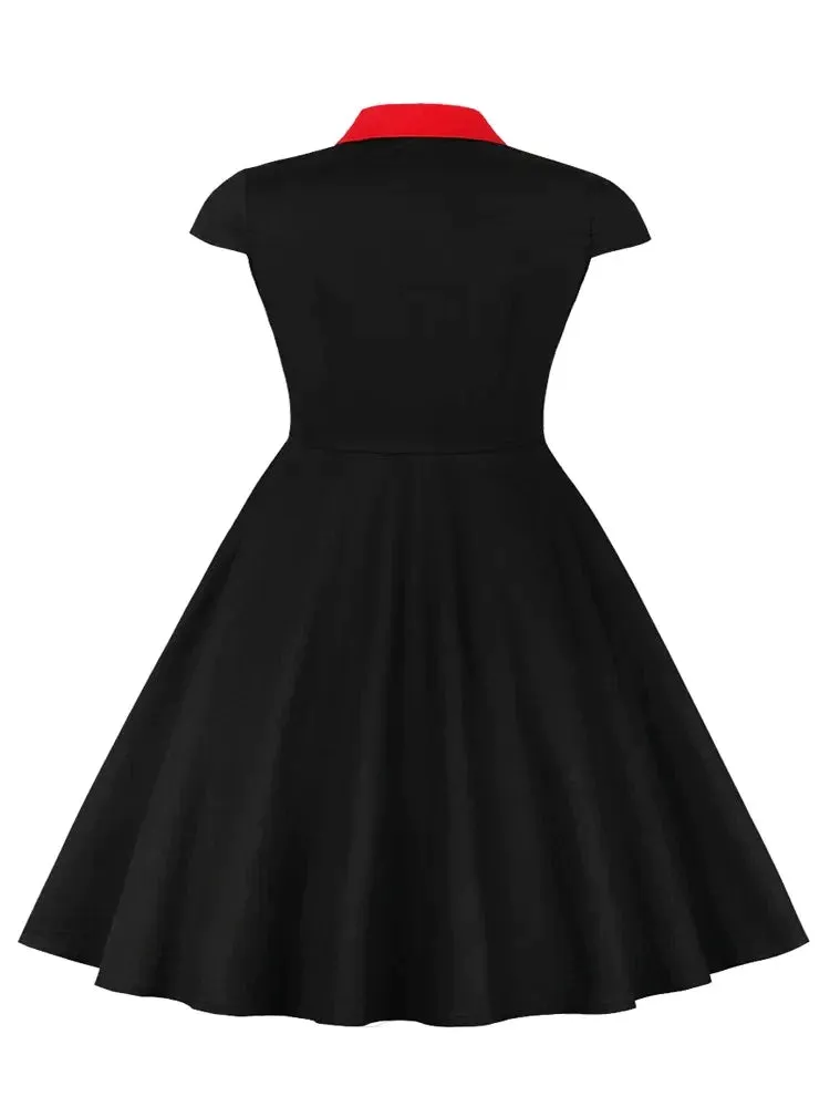 Women Oversized 4XL 5XL Vintage Dresses Notched Collar Cap Sleeve Single Breasted A-Line Female Pinup Retro Black Dress