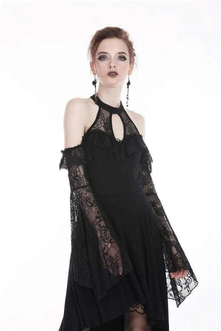 Women's Goth Off-Shoulder Lace Black Little Dress With Flare Sleeves