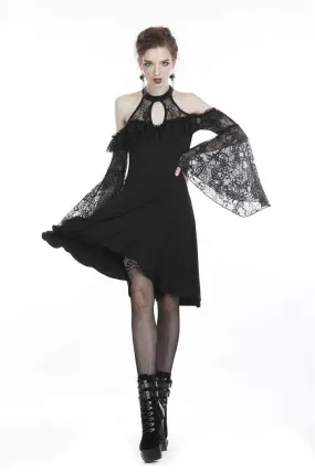 Women's Goth Off-Shoulder Lace Black Little Dress With Flare Sleeves